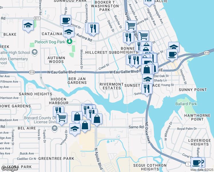 map of restaurants, bars, coffee shops, grocery stores, and more near 1233 Sun Circle East in Melbourne