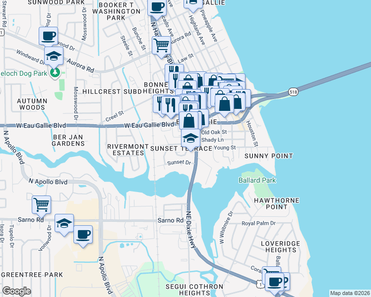 map of restaurants, bars, coffee shops, grocery stores, and more near 1201 West Azalea Court in Melbourne