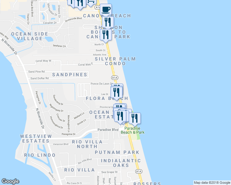 map of restaurants, bars, coffee shops, grocery stores, and more near 2554 Highway A1A in Indialantic