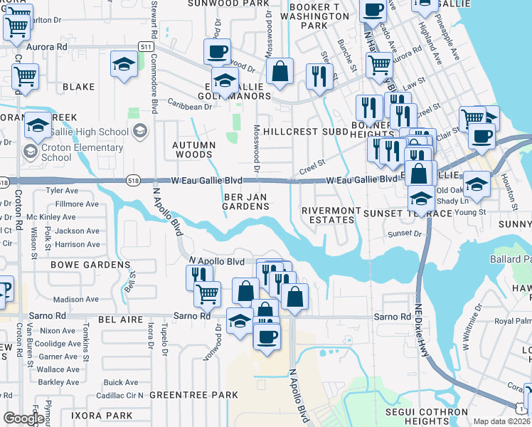map of restaurants, bars, coffee shops, grocery stores, and more near 1285 Richmond Drive in Melbourne