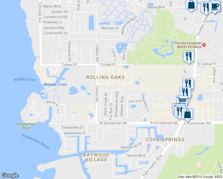 map of restaurants, bars, coffee shops, grocery stores, and more near 1300 Fox Run Drive in Tarpon Springs