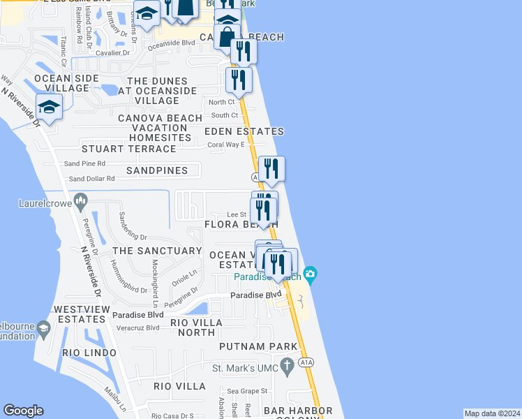 map of restaurants, bars, coffee shops, grocery stores, and more near 2556 North Highway A1A in Indialantic