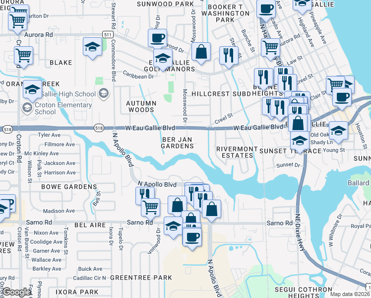 map of restaurants, bars, coffee shops, grocery stores, and more near 1285 Richmond Drive in Melbourne