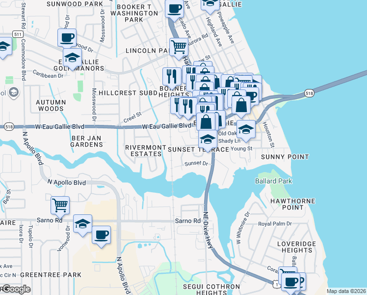 map of restaurants, bars, coffee shops, grocery stores, and more near 1242 Jasmine Street in Melbourne