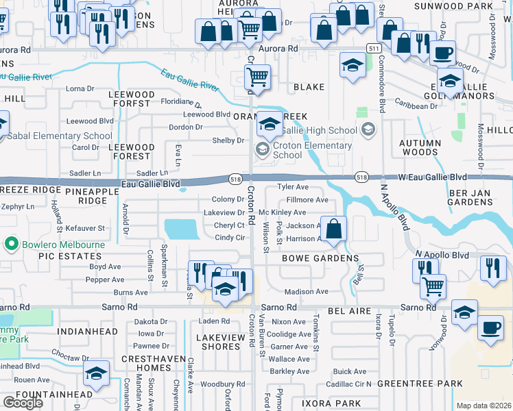 map of restaurants, bars, coffee shops, grocery stores, and more near 1301 Croton Road in Melbourne