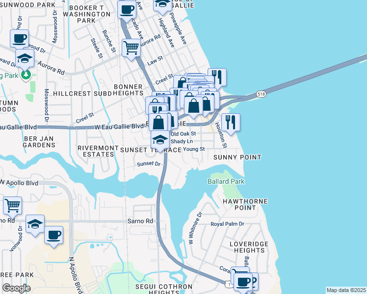 map of restaurants, bars, coffee shops, grocery stores, and more near 620 Shady Lane in Melbourne