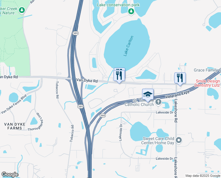 map of restaurants, bars, coffee shops, grocery stores, and more near 6242-6398 Van Dyke Road in Lutz