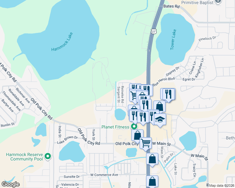 map of restaurants, bars, coffee shops, grocery stores, and more near 57 Sargent Street in Haines City