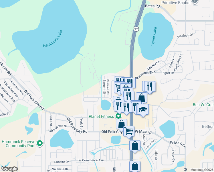 map of restaurants, bars, coffee shops, grocery stores, and more near 57 Sargent Street in Haines City