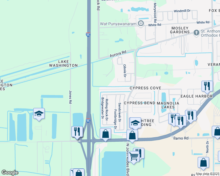 map of restaurants, bars, coffee shops, grocery stores, and more near 4700 Elena Way in Melbourne