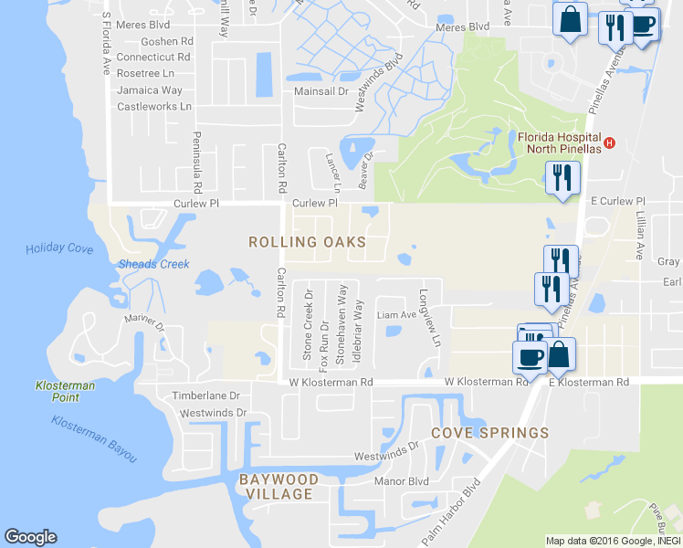 map of restaurants, bars, coffee shops, grocery stores, and more near 1010 Windsor Hill Way in Tarpon Springs