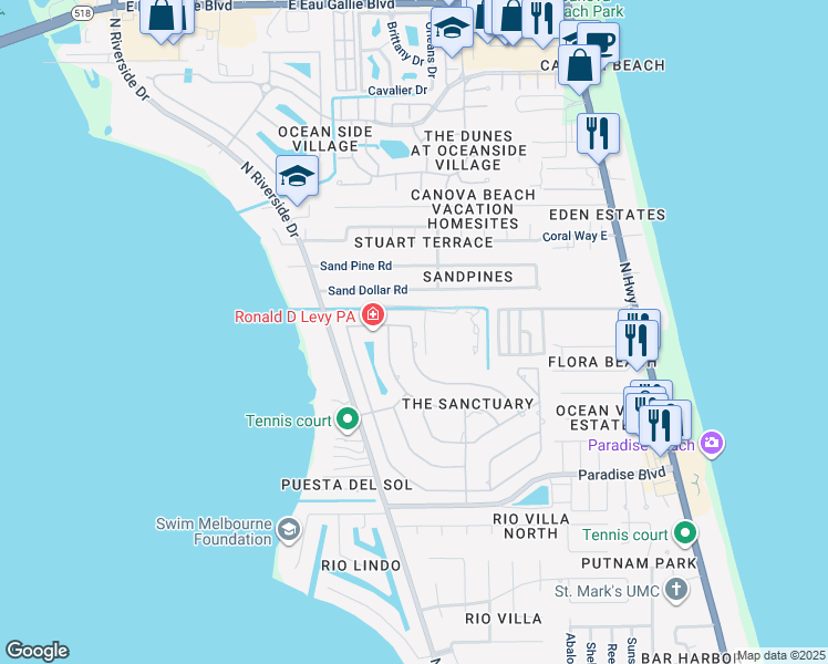 map of restaurants, bars, coffee shops, grocery stores, and more near 822 Sanderling Drive in Indialantic