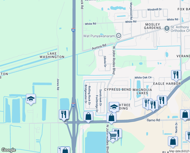 map of restaurants, bars, coffee shops, grocery stores, and more near 4700 Elena Way in Melbourne