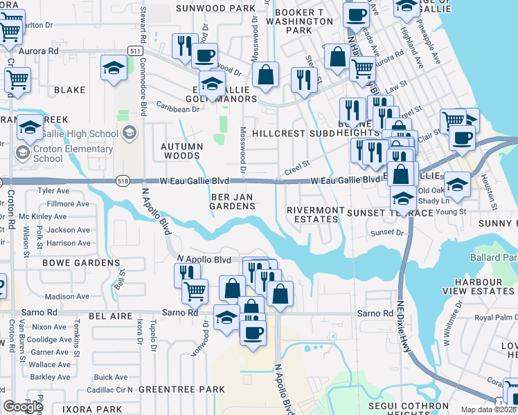 map of restaurants, bars, coffee shops, grocery stores, and more near 1306 Mosswood Drive in Melbourne