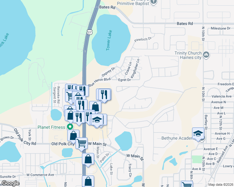 map of restaurants, bars, coffee shops, grocery stores, and more near 2355 Hadley Way in Haines City
