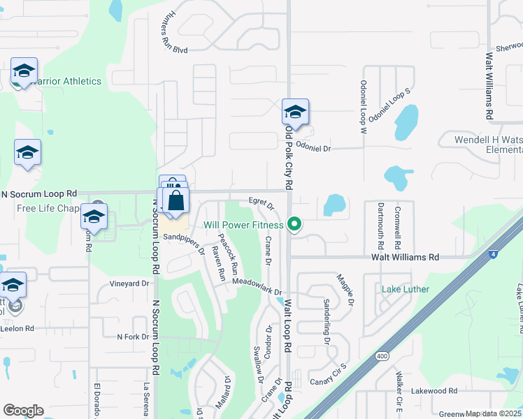 map of restaurants, bars, coffee shops, grocery stores, and more near 6303 Egret Drive in Lakeland