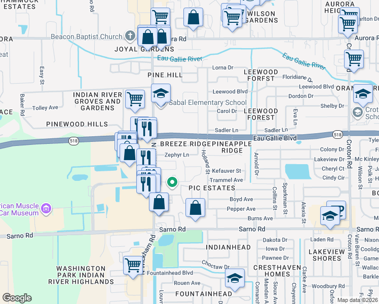 map of restaurants, bars, coffee shops, grocery stores, and more near 2790 Tropic Road in Melbourne