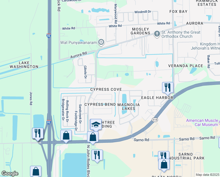 map of restaurants, bars, coffee shops, grocery stores, and more near 1296 Mandys Court in Melbourne