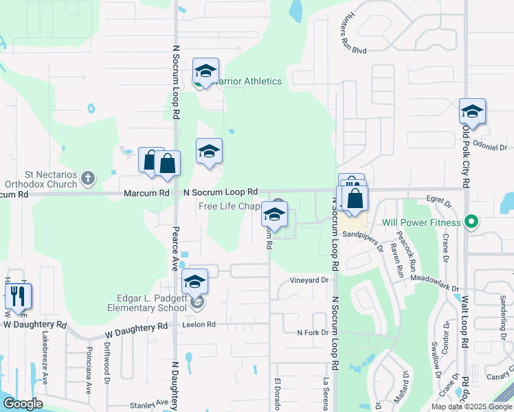 map of restaurants, bars, coffee shops, grocery stores, and more near 6625 Odom Lane in Lakeland