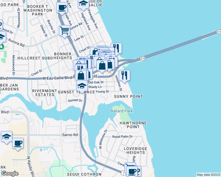 map of restaurants, bars, coffee shops, grocery stores, and more near 546 Shady Lane in Melbourne