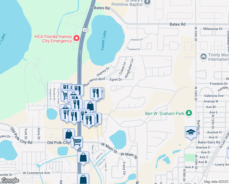 map of restaurants, bars, coffee shops, grocery stores, and more near 2370 Paulette Drive in Haines City