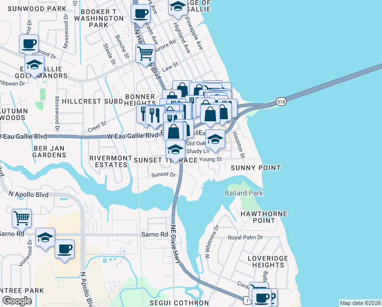 map of restaurants, bars, coffee shops, grocery stores, and more near 703 Old Oak Street in Melbourne