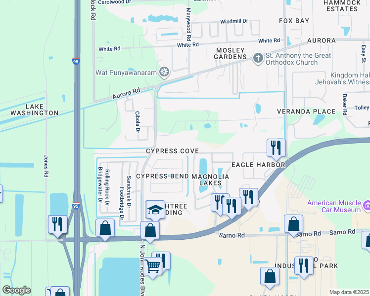 map of restaurants, bars, coffee shops, grocery stores, and more near 1296 Mandys Court in Melbourne