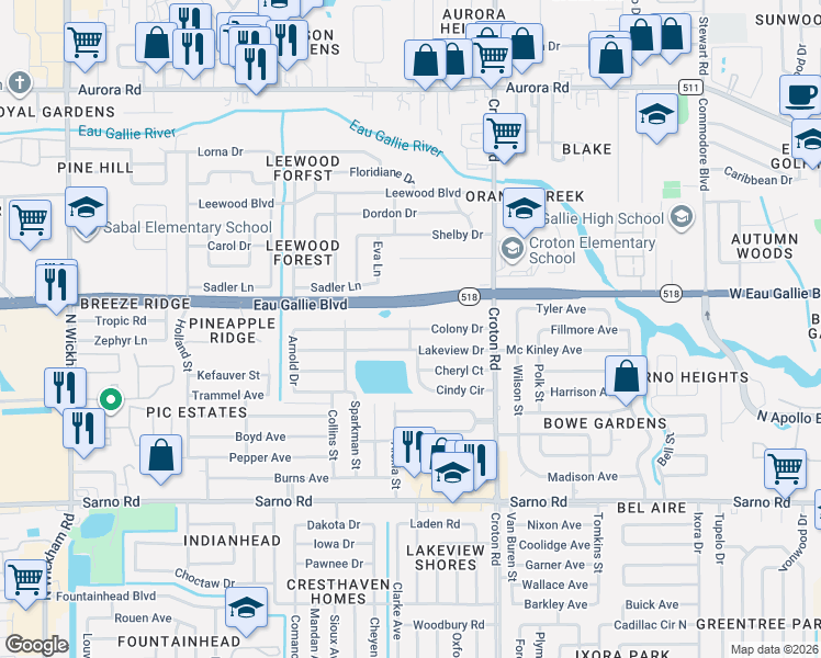 map of restaurants, bars, coffee shops, grocery stores, and more near 2244 Colony Drive in Melbourne