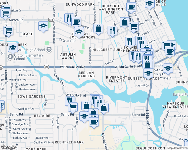 map of restaurants, bars, coffee shops, grocery stores, and more near 1306 Mosswood Drive in Melbourne