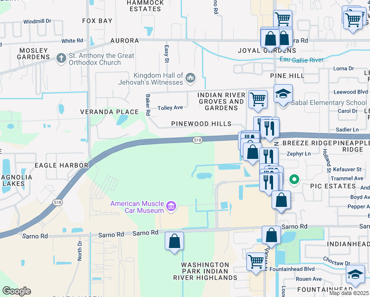 map of restaurants, bars, coffee shops, grocery stores, and more near 3470 West Eau Gallie Boulevard in Melbourne