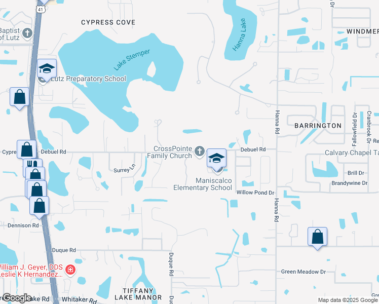 map of restaurants, bars, coffee shops, grocery stores, and more near 939 Debuel Road in Lutz