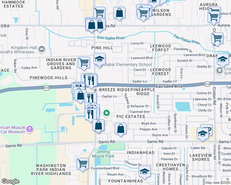 map of restaurants, bars, coffee shops, grocery stores, and more near 2790 Tropic Road in Melbourne