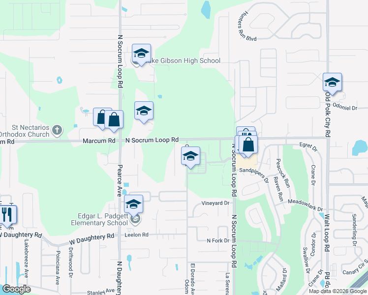 map of restaurants, bars, coffee shops, grocery stores, and more near 6630 Odom Road in Lakeland