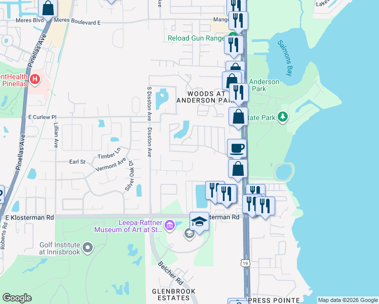 map of restaurants, bars, coffee shops, grocery stores, and more near Seabreeze Avenue in Tarpon Springs