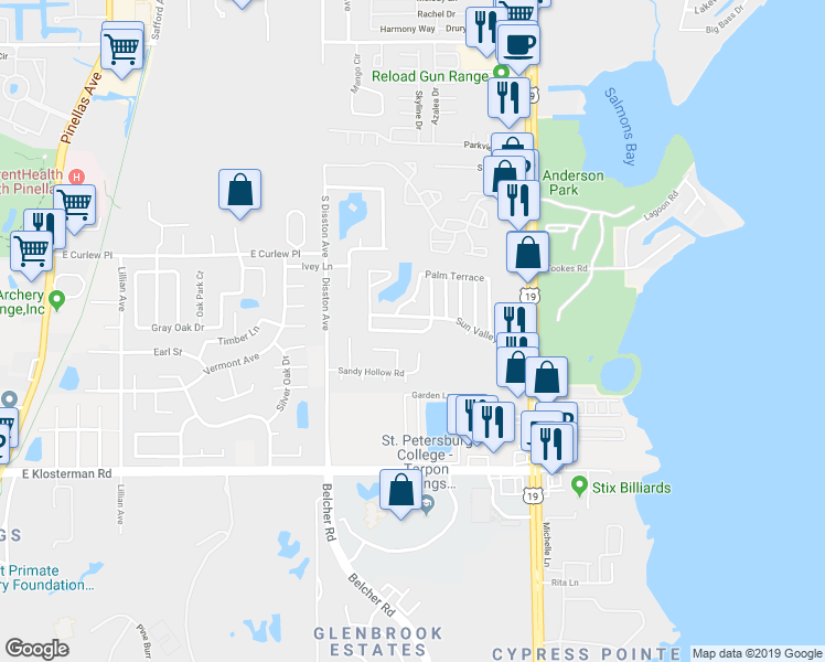 map of restaurants, bars, coffee shops, grocery stores, and more near 223 Seabreeze Avenue in Tarpon Springs
