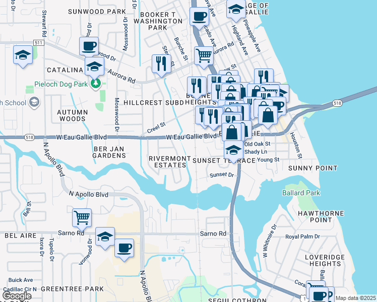 map of restaurants, bars, coffee shops, grocery stores, and more near 1001 West Eau Gallie Boulevard in Melbourne