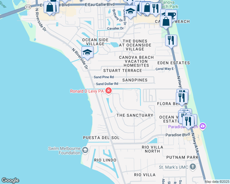 map of restaurants, bars, coffee shops, grocery stores, and more near 822 Sanderling Drive in Indialantic