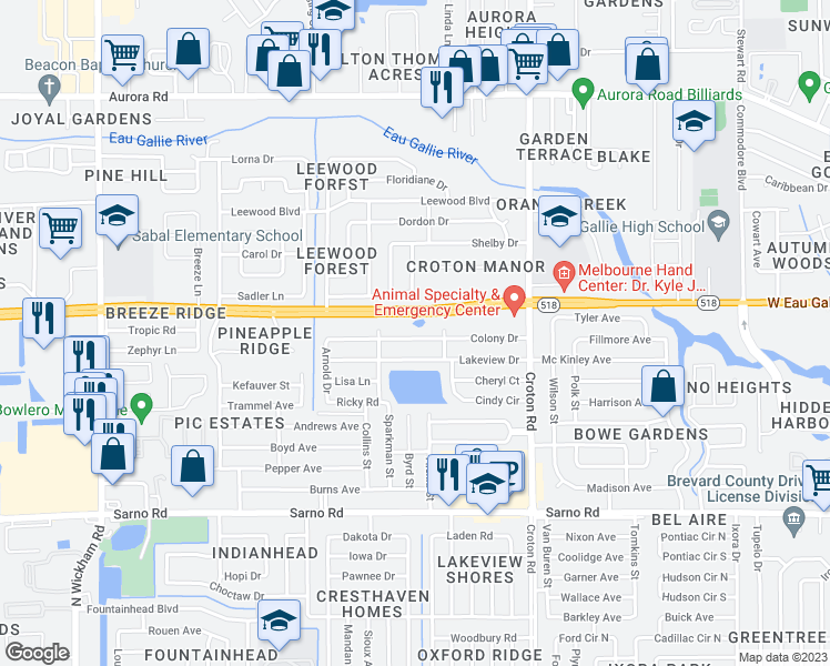map of restaurants, bars, coffee shops, grocery stores, and more near 2310 Colony Drive in Melbourne