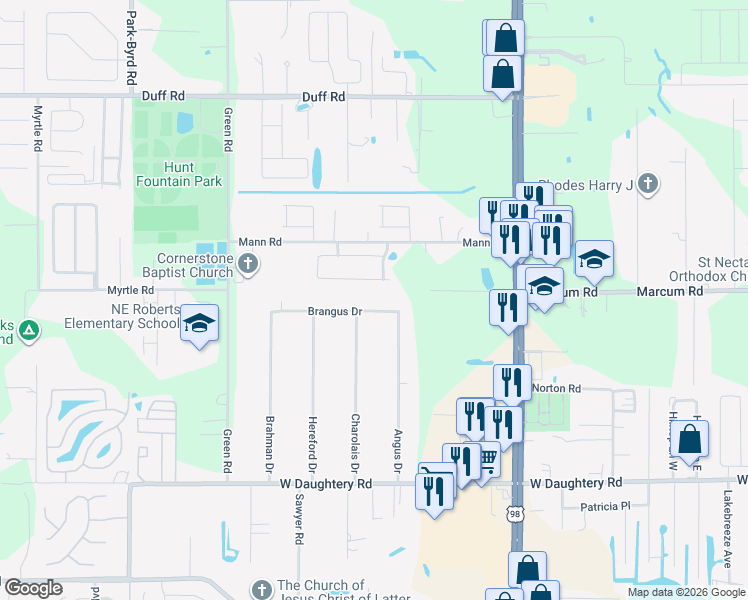 map of restaurants, bars, coffee shops, grocery stores, and more near 1517 Brangus Drive in Lakeland