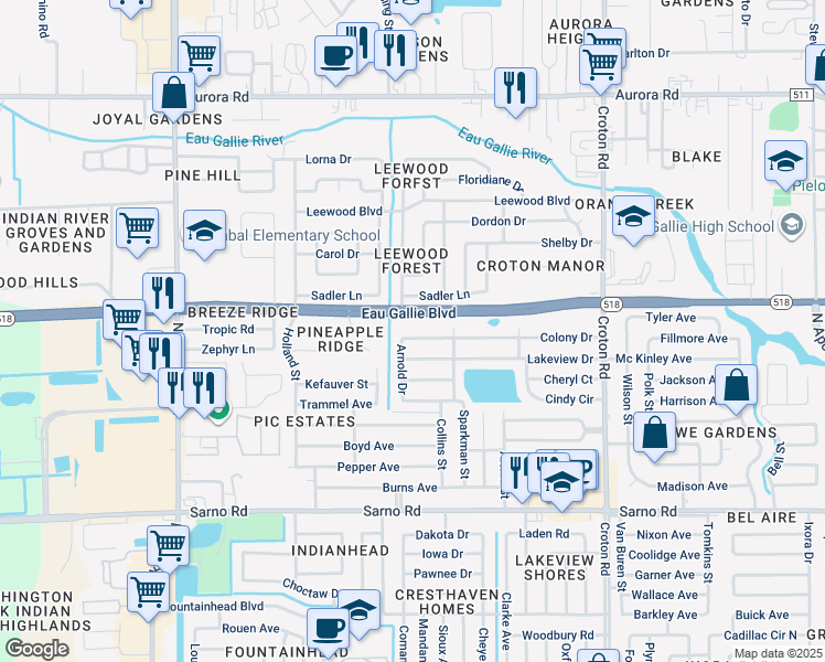 map of restaurants, bars, coffee shops, grocery stores, and more near 2401 West Eau Gallie Boulevard in Melbourne