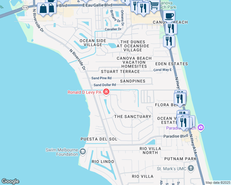 map of restaurants, bars, coffee shops, grocery stores, and more near 822 Sanderling Drive in Indialantic