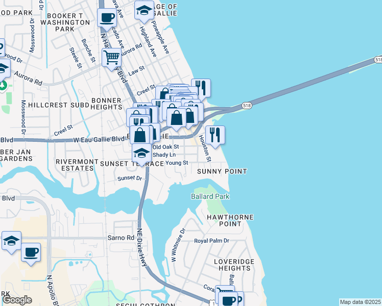 map of restaurants, bars, coffee shops, grocery stores, and more near 546 Shady Lane in Melbourne