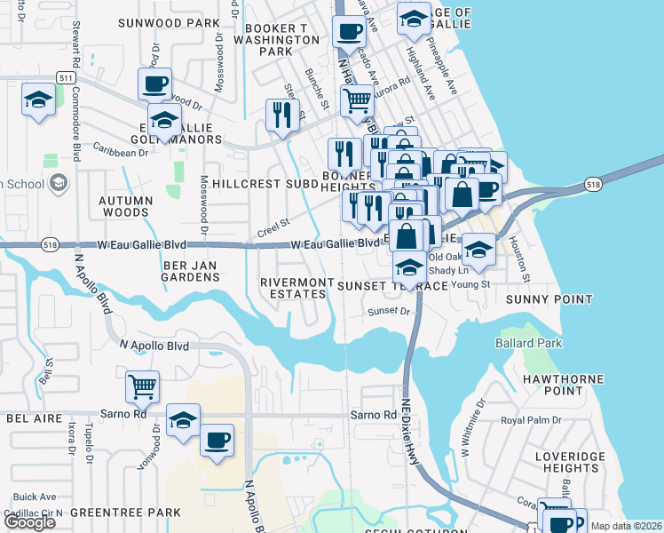 map of restaurants, bars, coffee shops, grocery stores, and more near 1001 West Eau Gallie Boulevard in Melbourne
