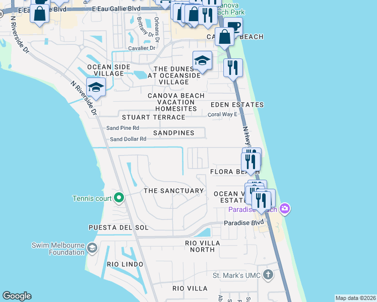 map of restaurants, bars, coffee shops, grocery stores, and more near 422 Key Largo Lane in Indialantic