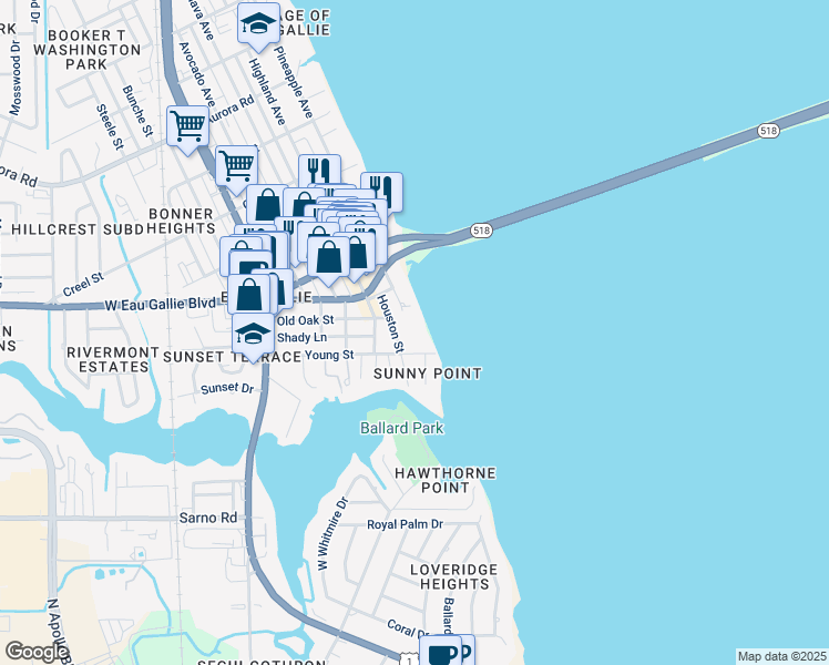 map of restaurants, bars, coffee shops, grocery stores, and more near 1279 Houston Street in Melbourne