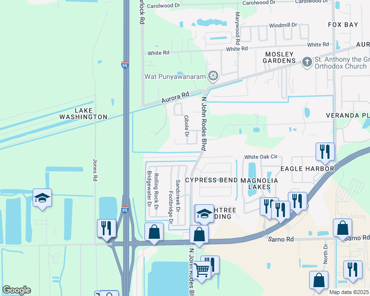 map of restaurants, bars, coffee shops, grocery stores, and more near 1263 Blazen Ridge Court in Melbourne