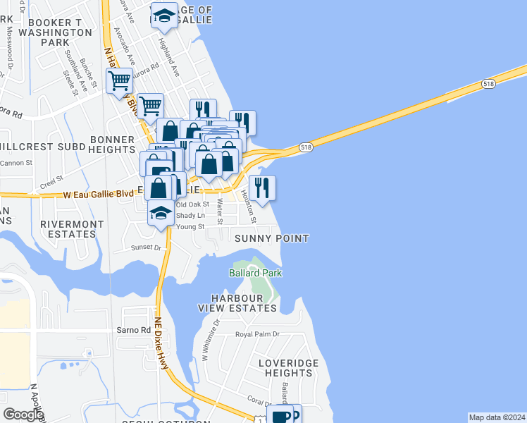 map of restaurants, bars, coffee shops, grocery stores, and more near 1279 Houston Street in Melbourne