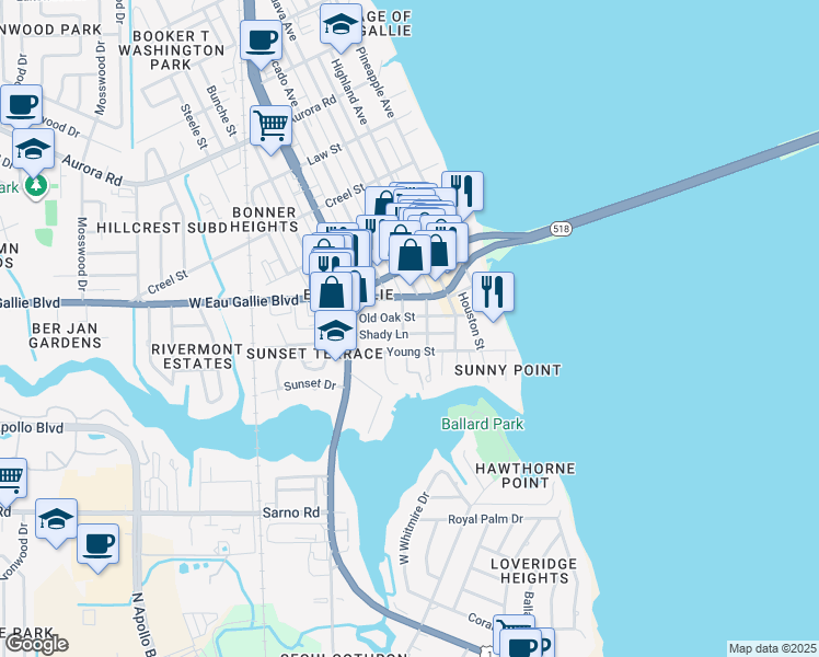 map of restaurants, bars, coffee shops, grocery stores, and more near 620 Shady Lane in Melbourne