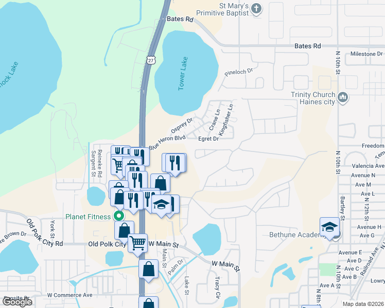 map of restaurants, bars, coffee shops, grocery stores, and more near 2393 Paulette Drive in Haines City