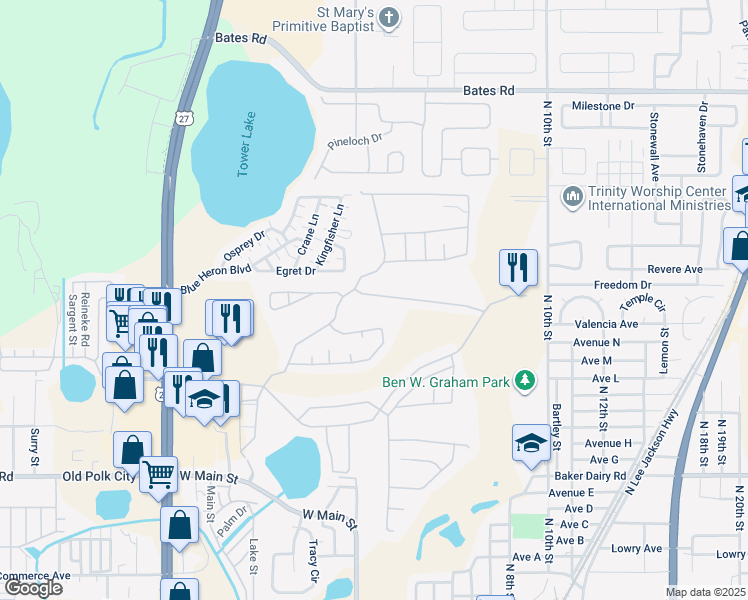 map of restaurants, bars, coffee shops, grocery stores, and more near 2411 Saint Augustine Boulevard in Haines City